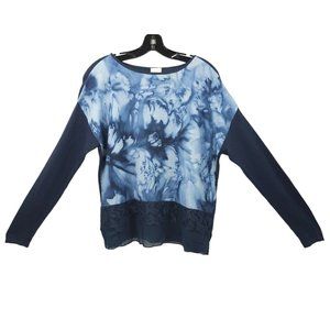 Chicos Hope Pullover Floral Sweater Sz 1 US M/8 Lace Trim Knit Sleeve Back Panel